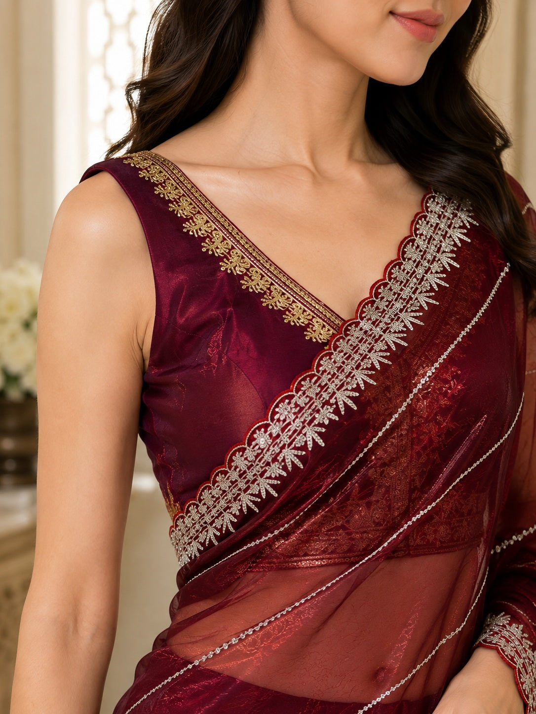 Vervee Couture Women Maroon Embellished Organza Saree with Semi-Stitched Designer Blouse