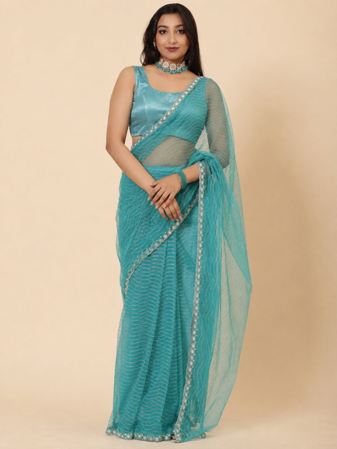 Vervee Couture Women Turquoise Blue Embellished Net Saree with Semi-Stitched Designer Blouse