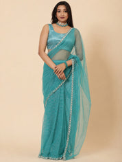 Vervee Couture Women Turquoise Blue Embellished Net Saree with Semi-Stitched Designer Blouse