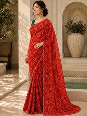 Vervee Couture Women Red Bandhani Printed Georgette Saree with Semi-Stitched Blouse