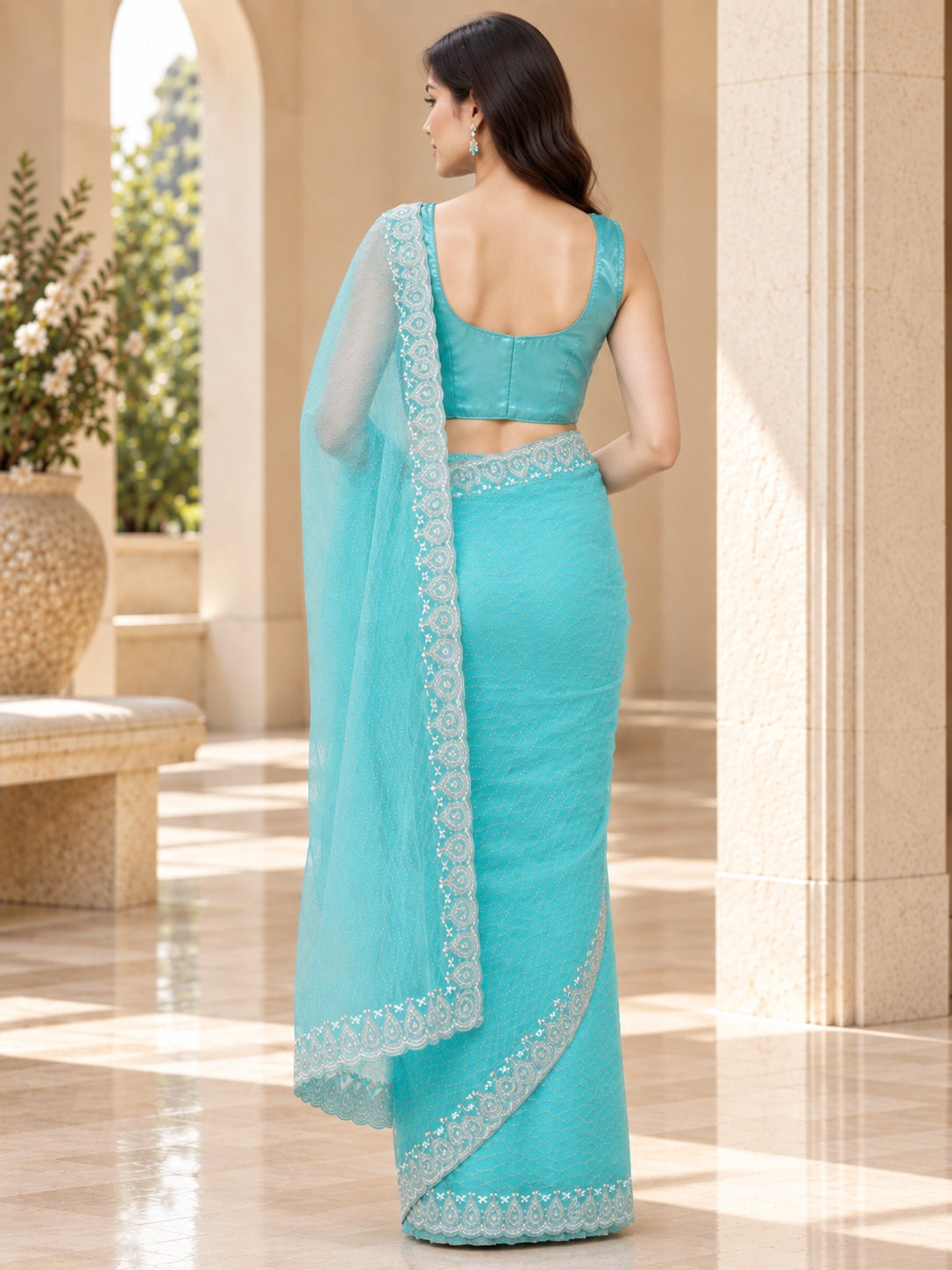 Vervee Couture Women Turquoise Blue Embellished Net Saree with Semi-Stitched Designer Blouse