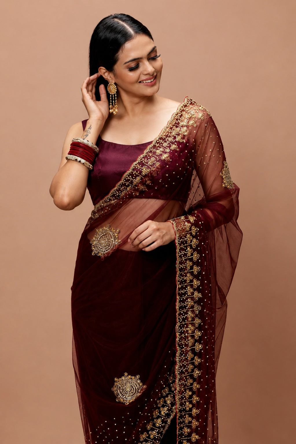 Vervee Couture Women Burgundy Embellished Net Saree with Semi-Stitched Designer Blouse
