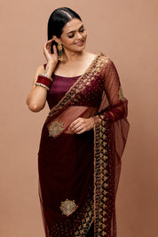 Vervee Couture Women Burgundy Embellished Net Saree with Semi-Stitched Designer Blouse