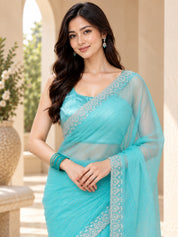 Vervee Couture Women Turquoise Blue Embellished Net Saree with Semi-Stitched Designer Blouse