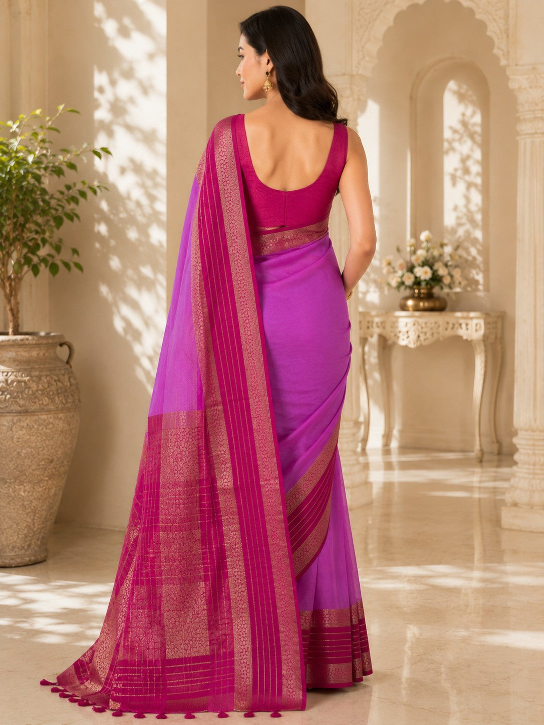 Vervee Couture Women Purple & Magenta Woven Design Zari Silk Blend Saree