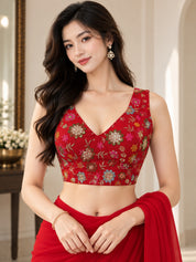 Vervee Couture Women Red Embellished Poly Georgette Saree with Semi-Stitched Designer Blouse