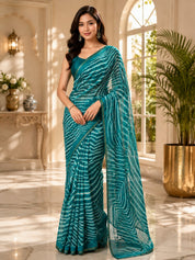 Vervee Couture Women Teal Leheriya Georgette Saree with Semi-Stitched Blouse