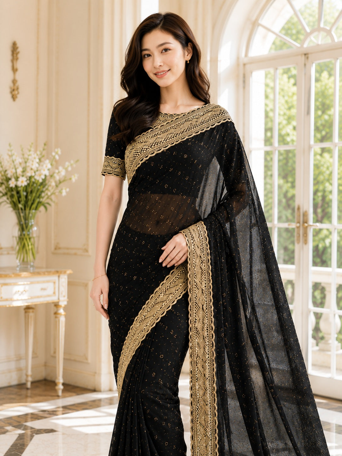Vervee Couture Women Black Embellished Net Saree