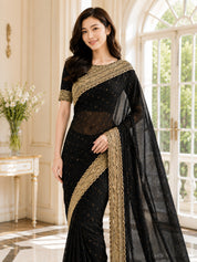 Vervee Couture Women Black Embellished Net Saree