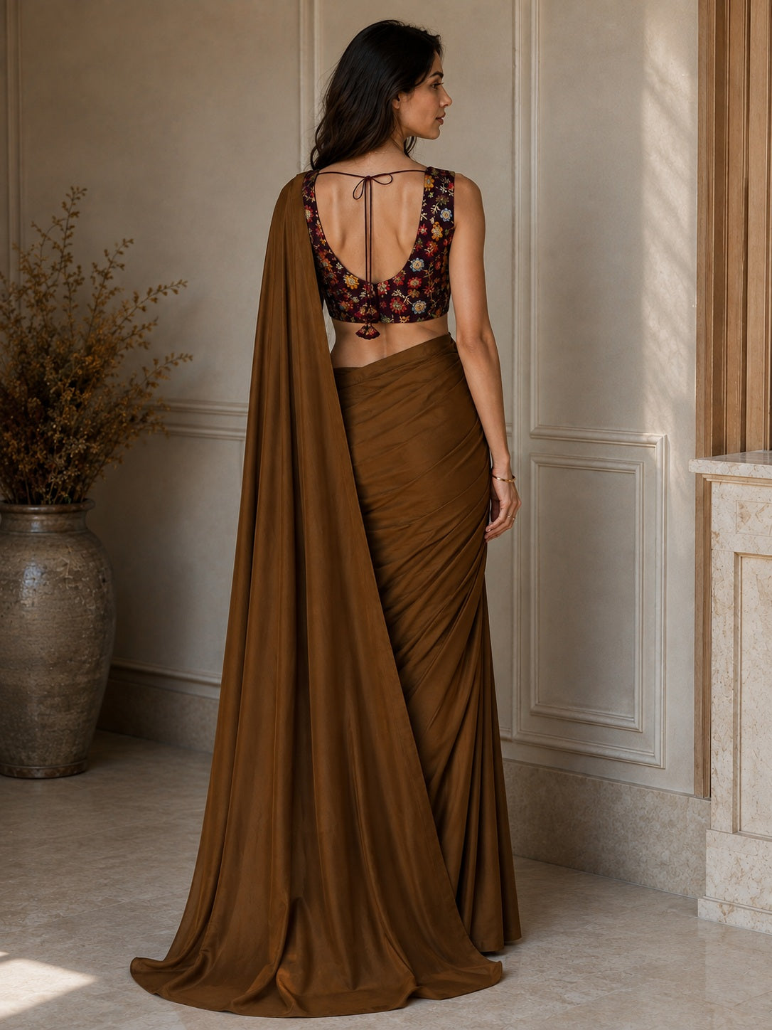 Vervee Couture Women Brown Satin Saree with Semi-Stitched Designer Blouse