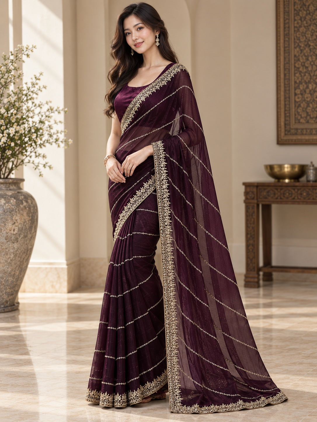 Vervee Couture Women Wine Embellished Poly Georgette Saree with Semi-Stitched Designer Blouse