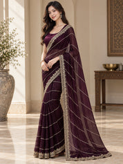 Vervee Couture Women Wine Embellished Poly Georgette Saree with Semi-Stitched Designer Blouse