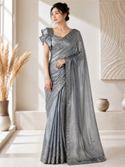 Vervee Couture Women Grey Embellished Organza Saree with Semi-Stitched Designer Blouse