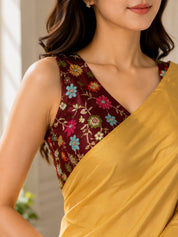 Vervee Couture Women Gold Solid Satin Saree with Semi-Stitched Designer Blouse