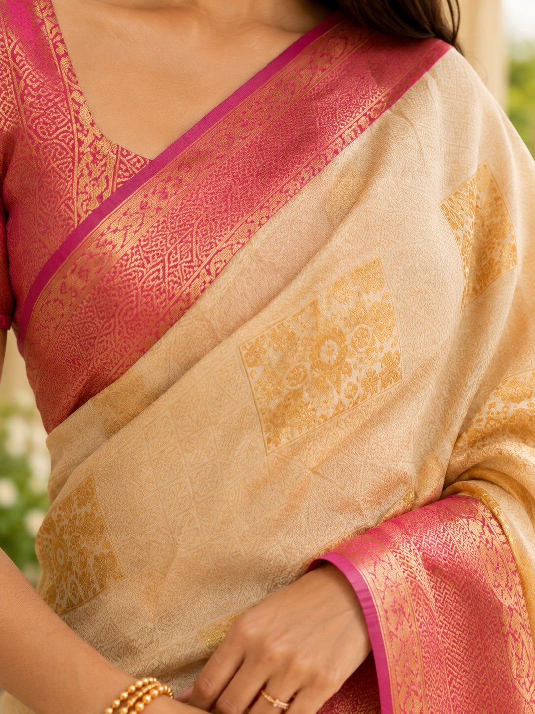 Vervee Couture Women Cream & Pink Ethnic Motifs Woven Design Zari Silk Blend Saree