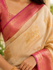 Vervee Couture Women Cream & Pink Ethnic Motifs Woven Design Zari Silk Blend Saree
