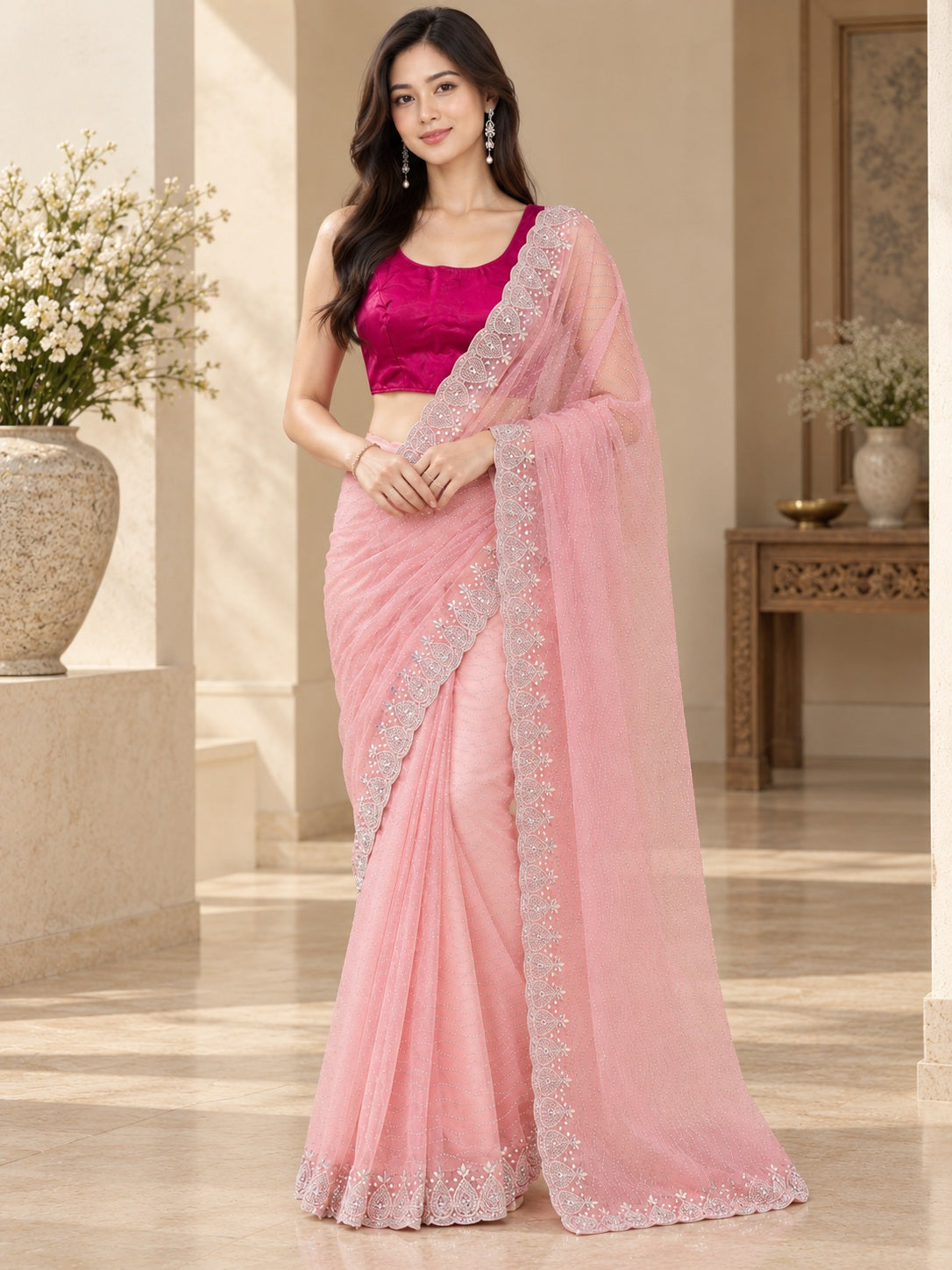 Vervee Couture Women Pink Embellished Net Saree with Semi-Stitched Designer Blouse