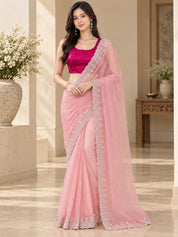 Vervee Couture Women Pink Embellished Net Saree with Semi-Stitched Designer Blouse