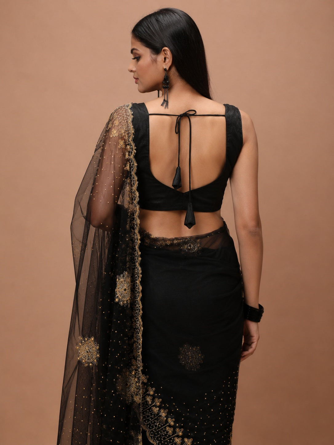 Vervee Couture Women Black Embellished Net Saree with Semi-Stitched Designer Blouse