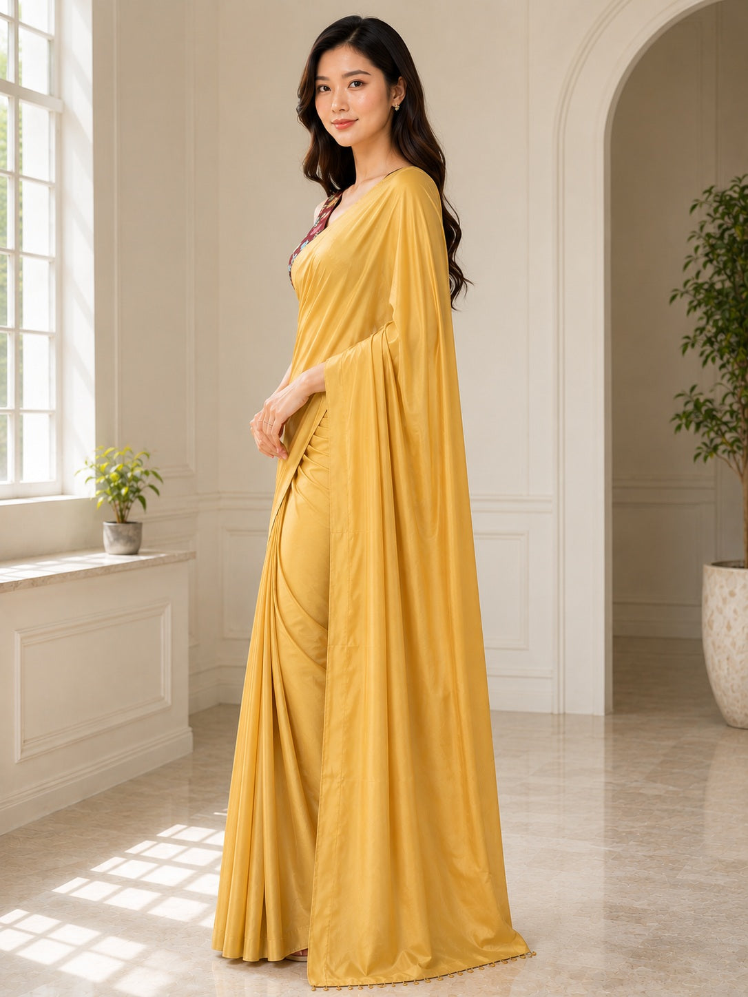 Vervee Couture Women Gold Solid Satin Saree with Semi-Stitched Designer Blouse