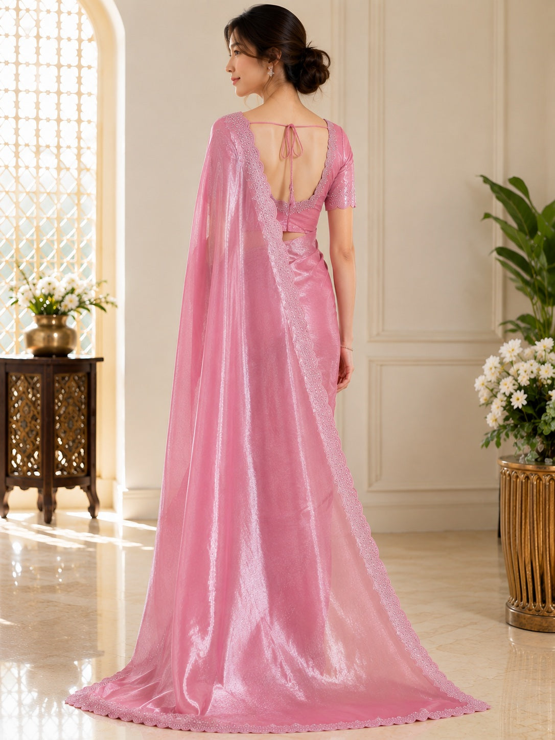 Vervee Couture Women Pink Embellished Tissue Organza Saree