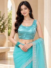 Vervee Couture Women Turquoise Blue Embellished Net Saree with Semi-Stitched Designer Blouse