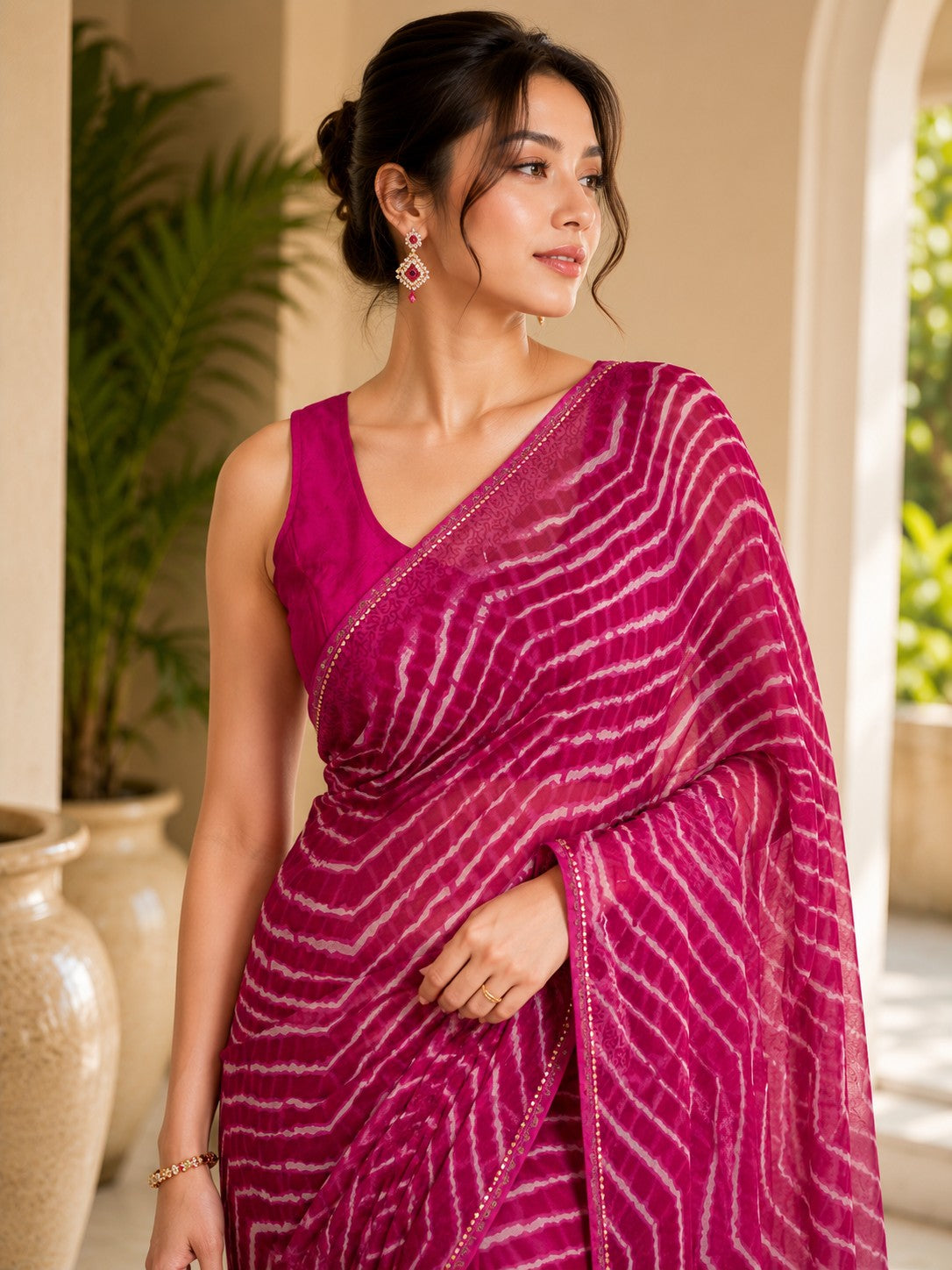 Vervee Couture Women Magenta Leheriya Georgette Saree with Semi-Stitched Blouse