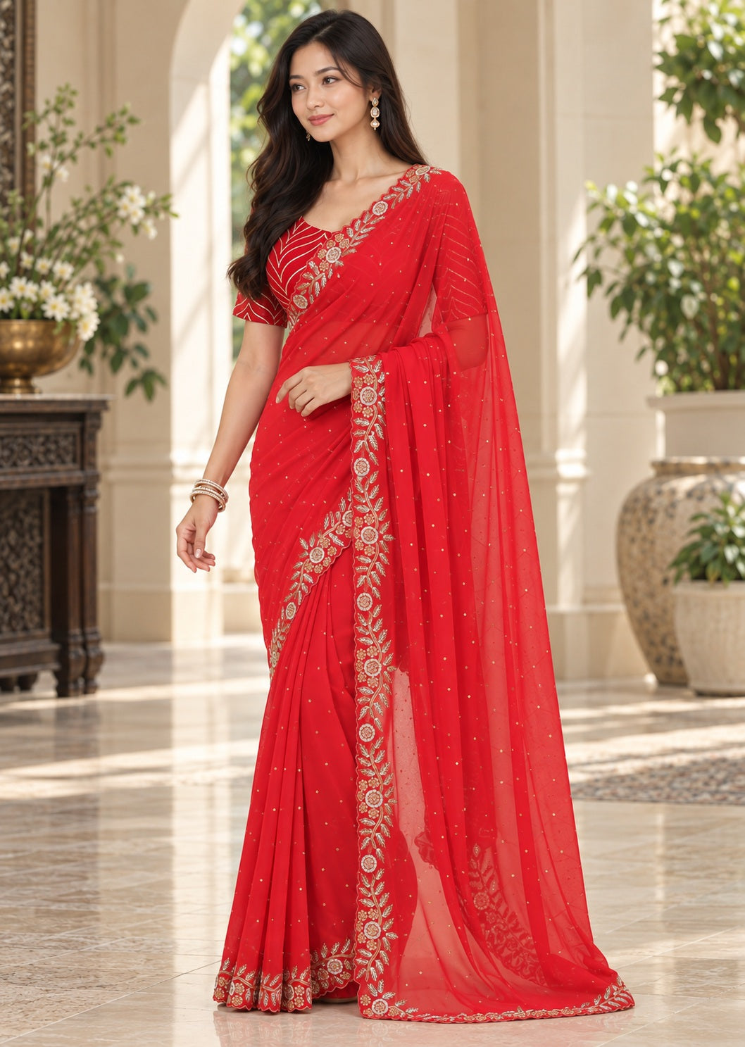 Vervee Couture Women Red Embellished Poly Georgette Saree with Semi-Stitched Designer Blouse