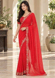 Vervee Couture Women Red Embellished Poly Georgette Saree with Semi-Stitched Designer Blouse