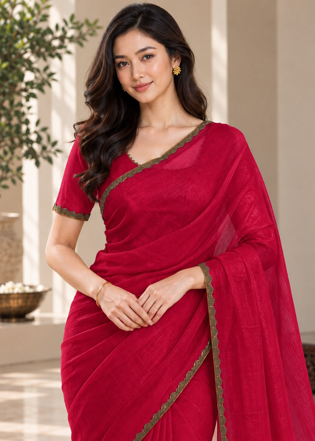 Vervee Couture Women Magenta Solid Tissue Saree