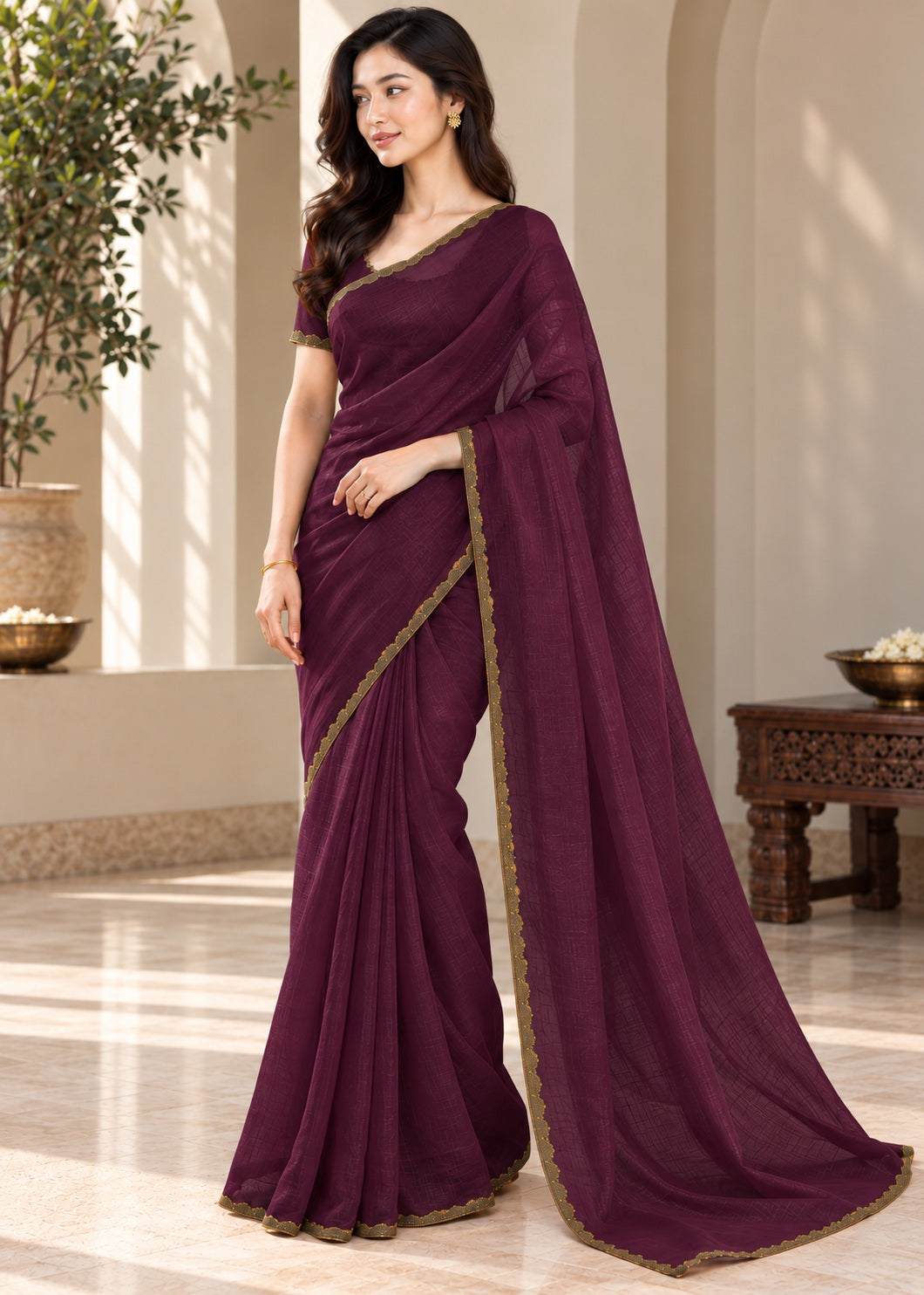 Vervee Couture Women Purple Solid Tissue Saree
