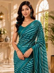 Vervee Couture Women Teal Leheriya Georgette Saree with Semi-Stitched Blouse