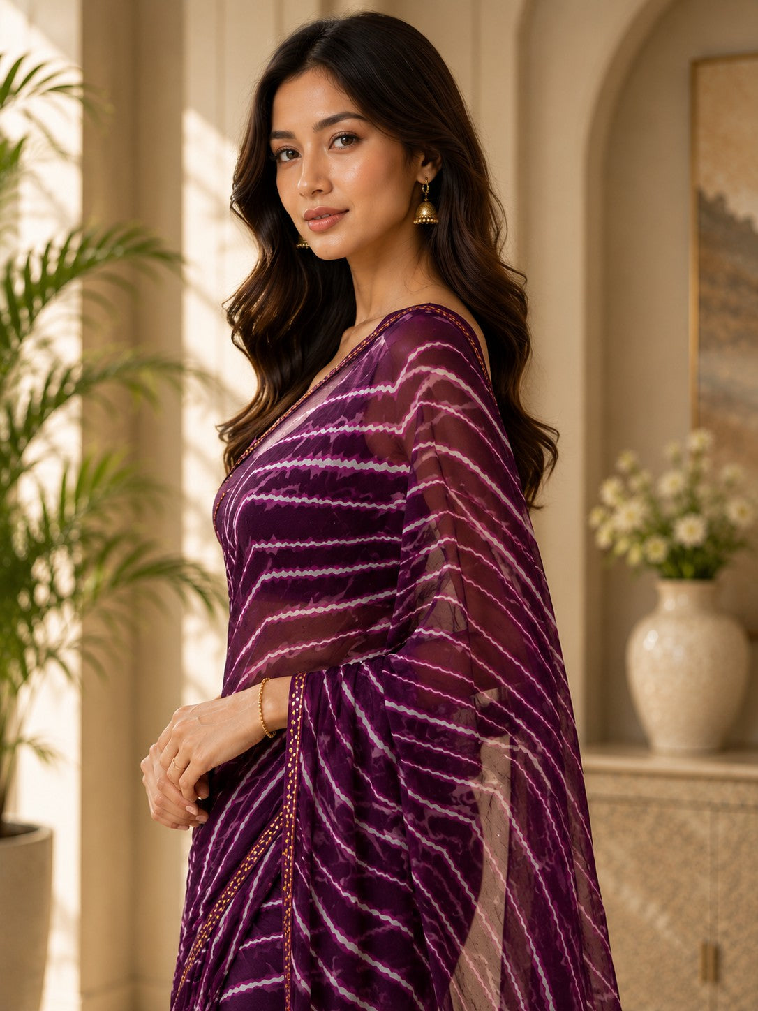 Vervee Couture Women Purple Leheriya Georgette Saree with Semi-Stitched Blouse