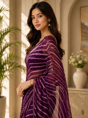 Vervee Couture Women Purple Leheriya Georgette Saree with Semi-Stitched Blouse
