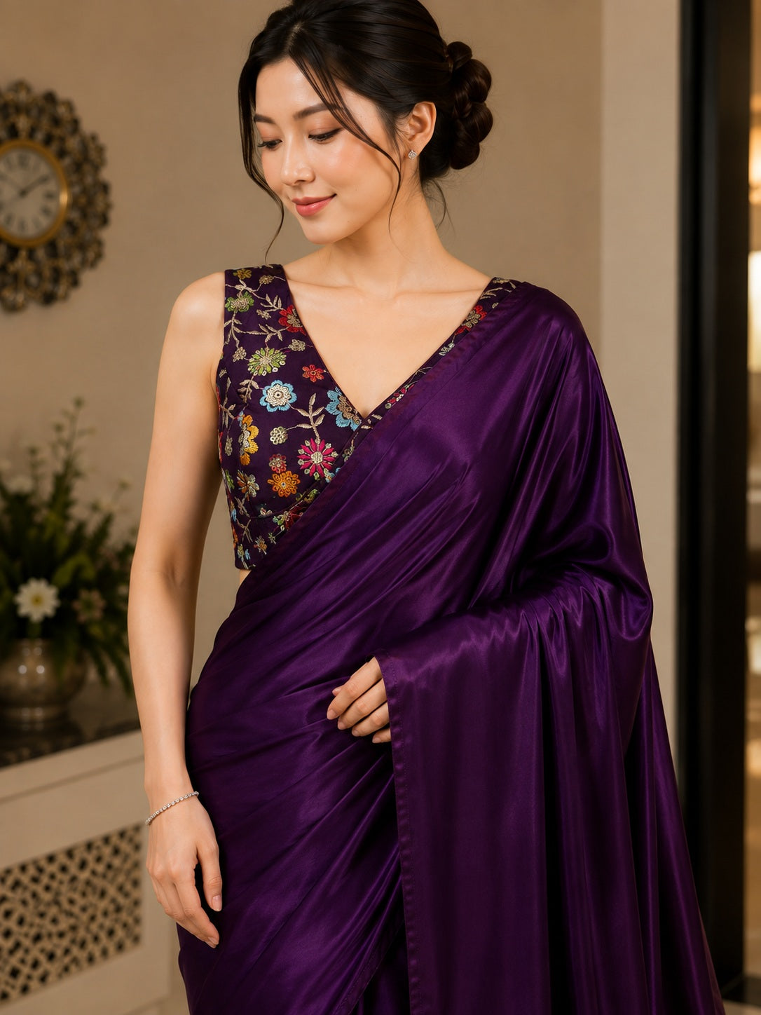 Vervee Couture Women Purple Solid Satin Saree with Semi-Stitched Designer Blouse