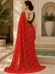 Vervee Couture Women Red Bandhani Printed Georgette Saree with Semi-Stitched Blouse
