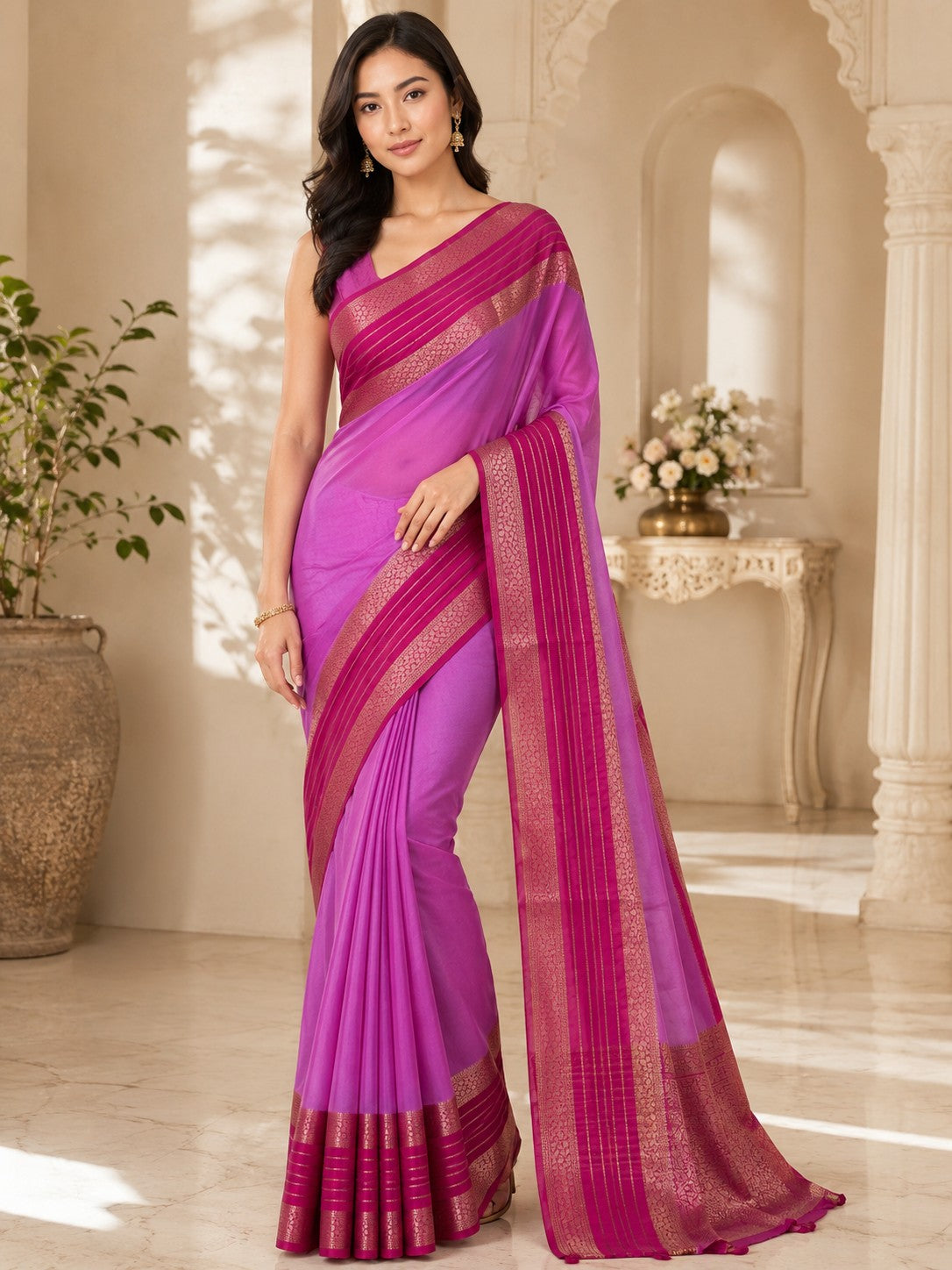 Vervee Couture Women Purple & Magenta Woven Design Zari Silk Blend Saree