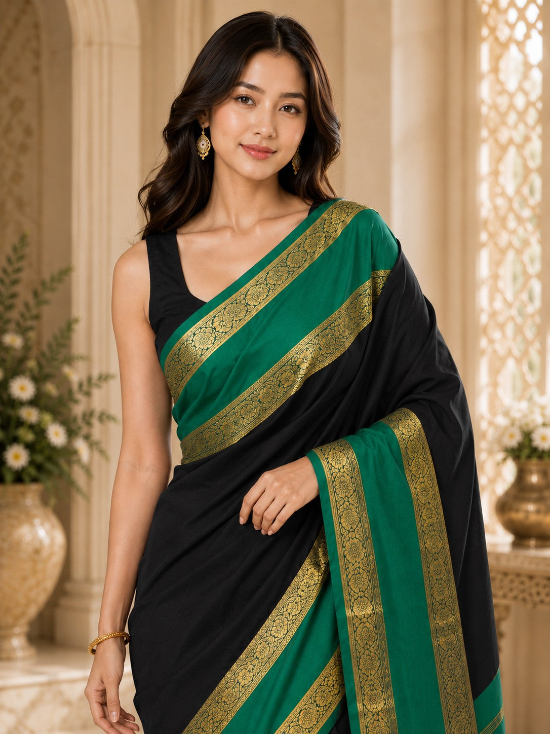 Vervee Couture Women Black & Green Woven Design Zari Silk Saree