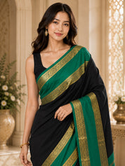 Vervee Couture Women Black & Green Woven Design Zari Silk Saree