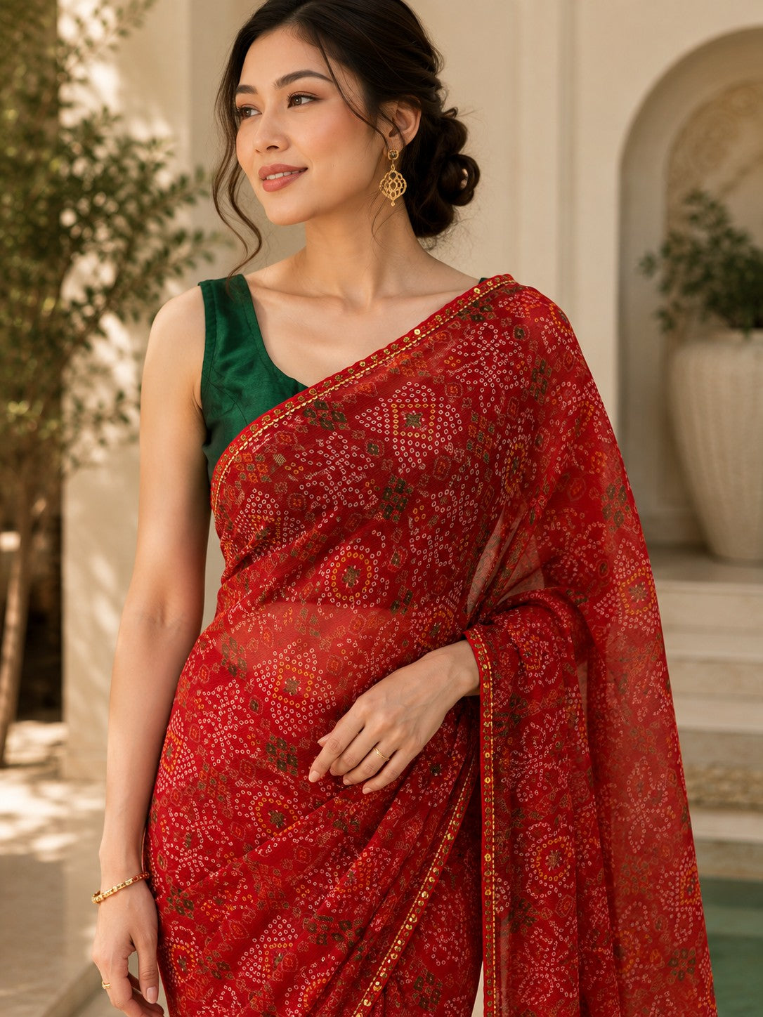 Vervee Couture Women Red Bandhani Printed Georgette Saree with Semi-Stitched Blouse