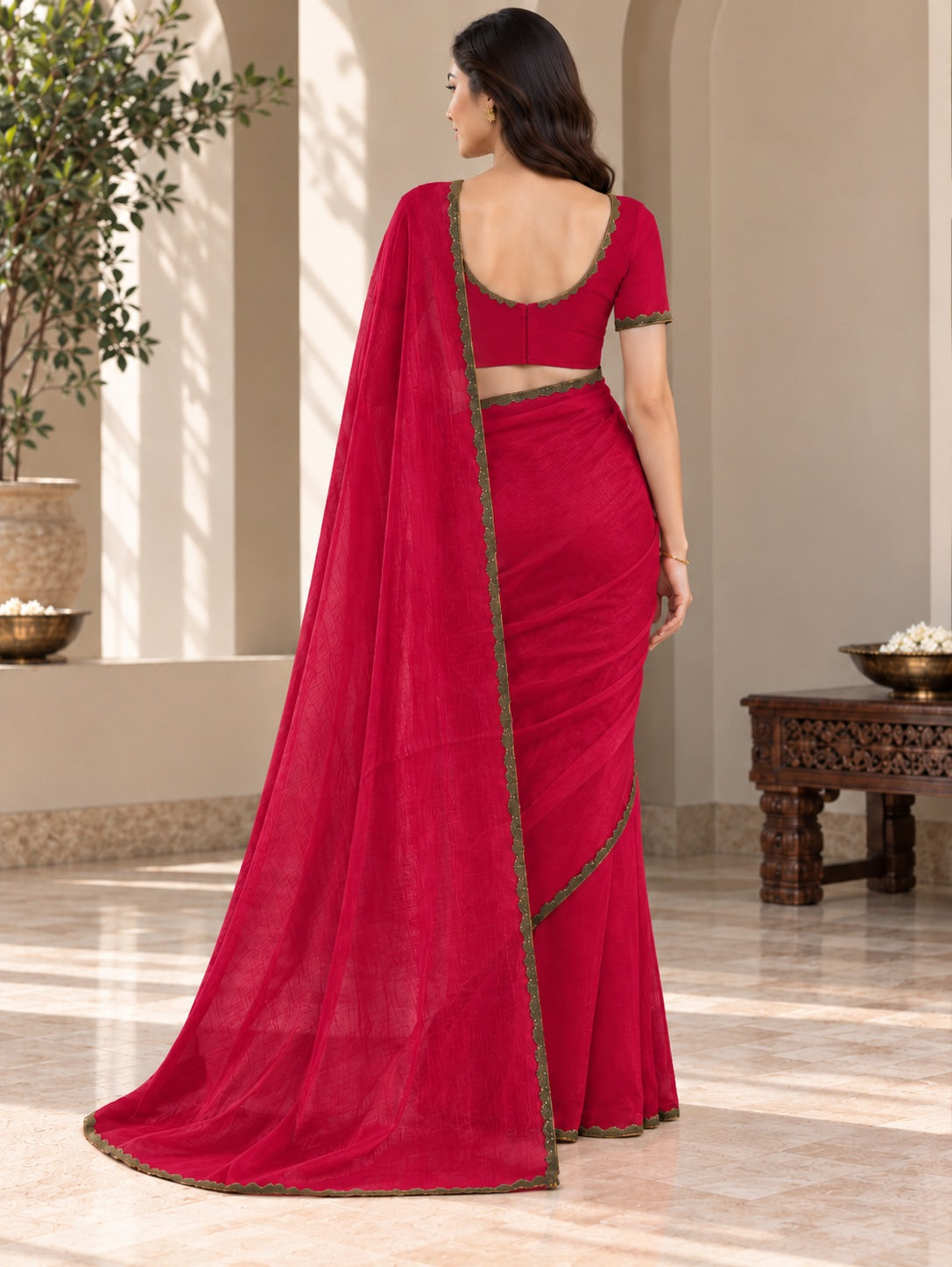 Vervee Couture Women Magenta Solid Tissue Saree