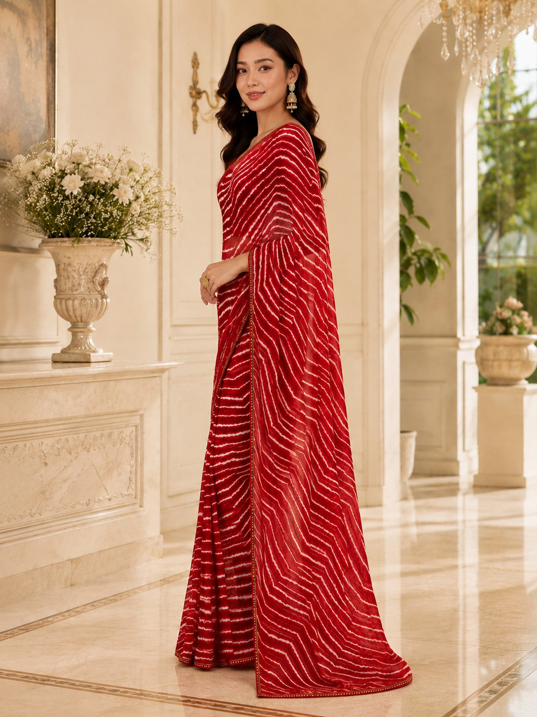 Vervee Couture Women Red Leheriya Georgette Saree with Semi-Stitched Blouse
