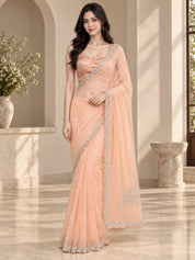 Vervee Couture Women Peach Embellished Net Saree with Semi-Stitched Designer Blouse