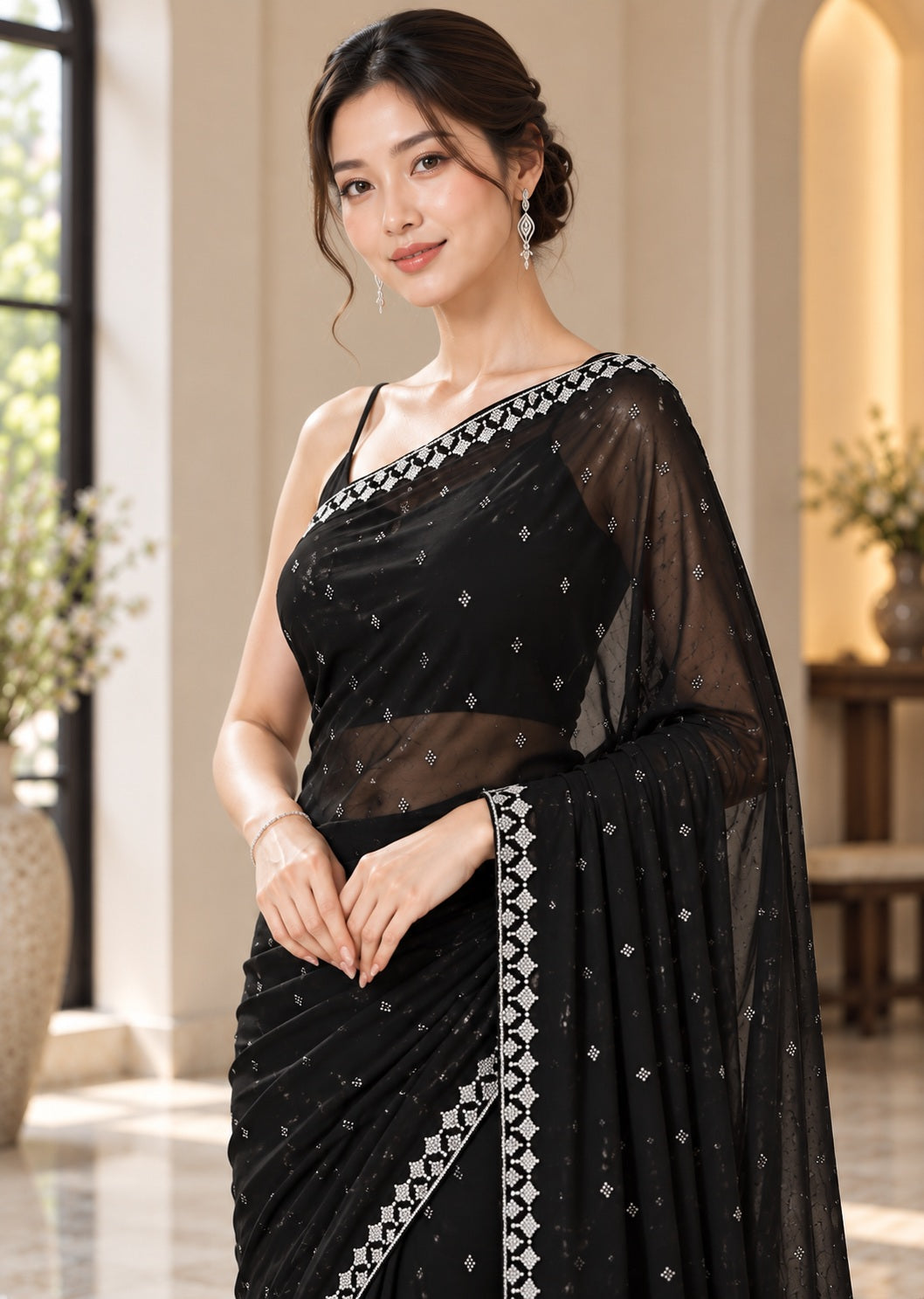 Vervee Couture Women Black Silver Embellished Poly Net Saree