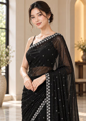 Vervee Couture Women Black Silver Embellished Poly Net Saree