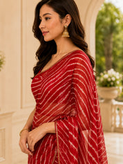 Vervee Couture Women Red Leheriya Georgette Saree with Semi-Stitched Blouse