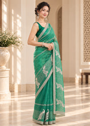 Vervee Couture Women Green Embroidered Poly Net Saree with Semi-Stitched Designer Blouse