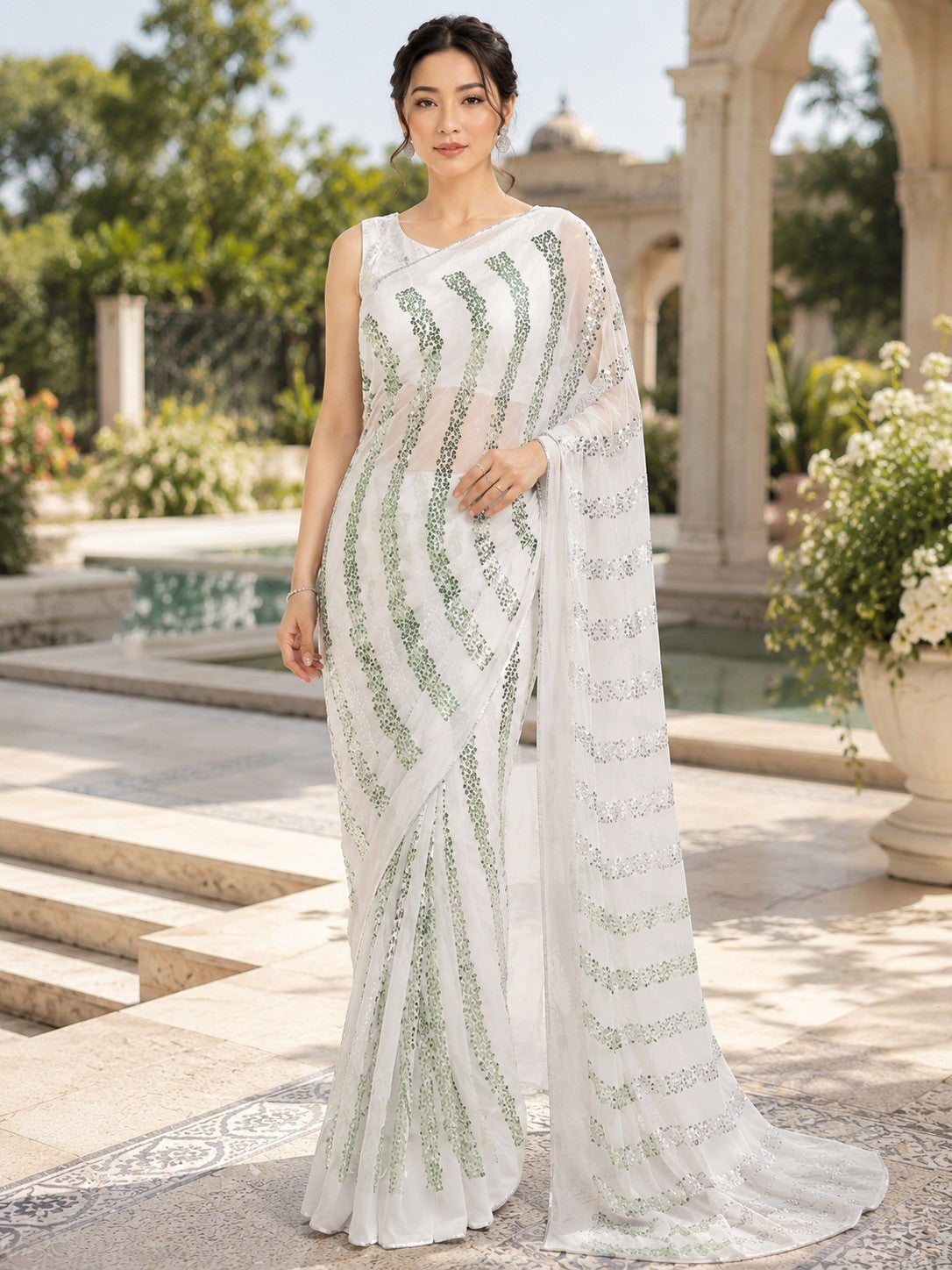 Vervee Couture Women White and Green Embellished Georgette Saree