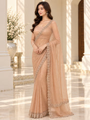 Vervee Couture Women Beige Embellished Net Saree with Semi-Stitched Designer Blouse
