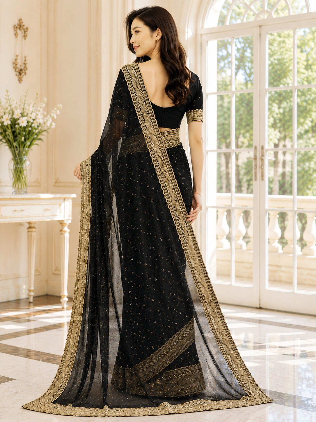 Vervee Couture Women Black Embellished Net Saree